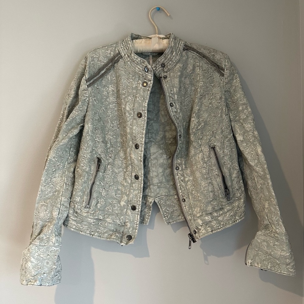 Free People Follow The Flock Victorian Floral Jacquard Moto Jacket Size 8